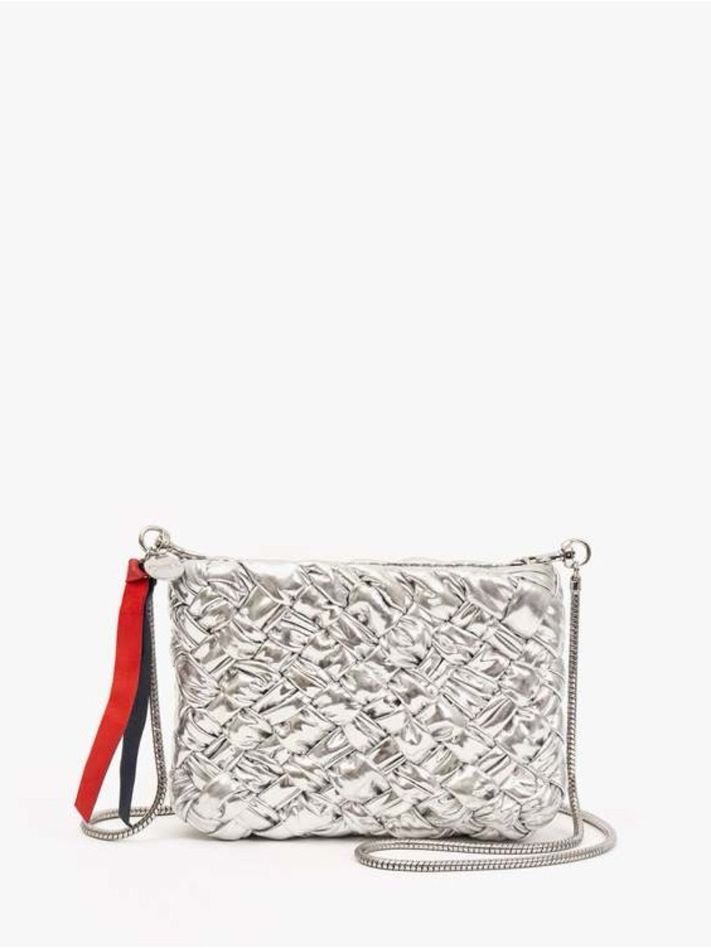 Clare V Silver Woven Metallic Crossbody with Red Accent